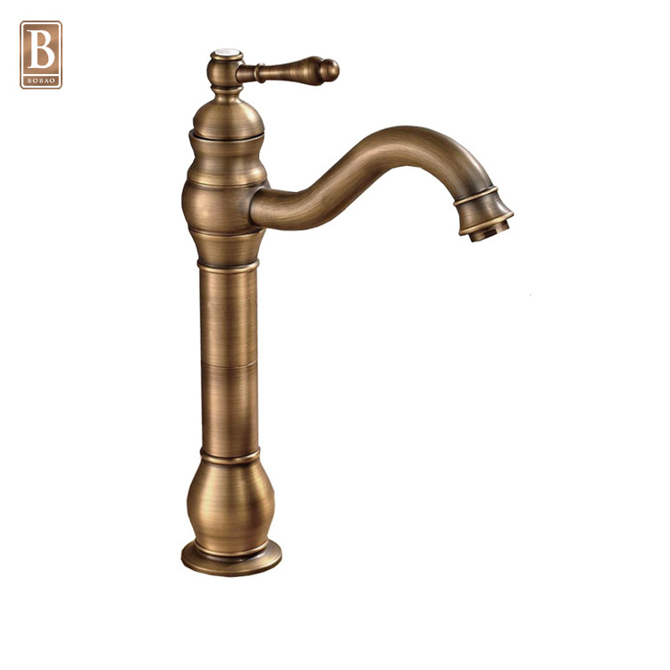 2018 New Arrival Tall Body Single Handle Antique Brass Sink Faucet Bronze Basin Faucet