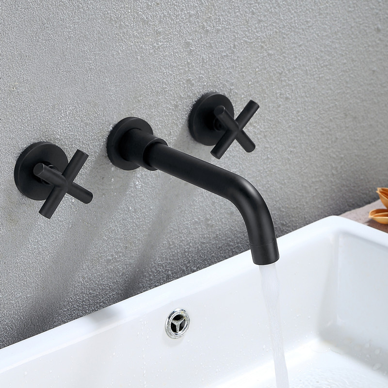 Sanitay Ware Matte Black Double Handle Antique Brass Wall Mounted Concealed basin Faucet