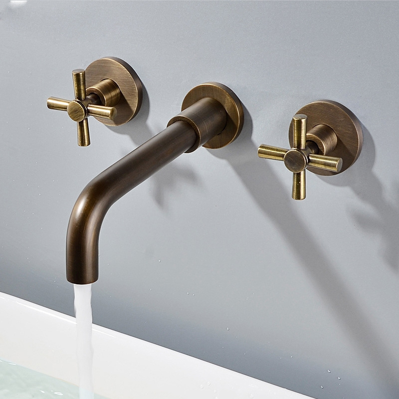 Sanitay Ware Matte Black Double Handle Antique Brass Wall Mounted Concealed basin Faucet