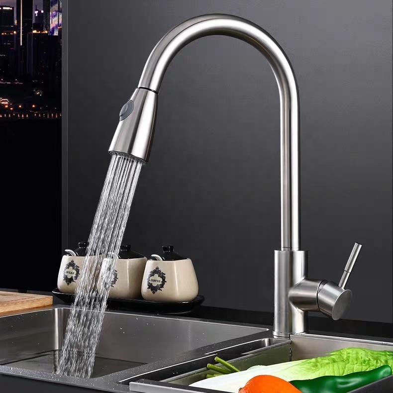 Cheap Polished  Pull Out 304 Stainless Steel Taps Sink Water Mixer telescopic pulldown Kitchen Faucets head