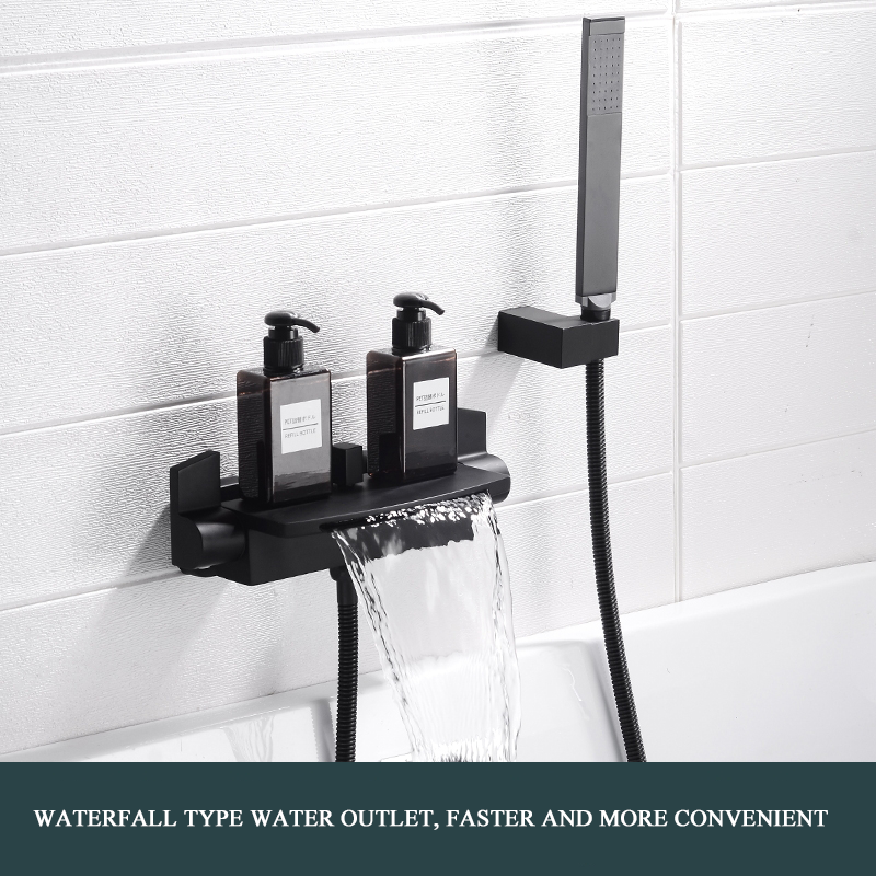 Bathroom Wall Mount Black Set Tap Mixer Bathtub Shower Bath Waterfall Tub Faucet