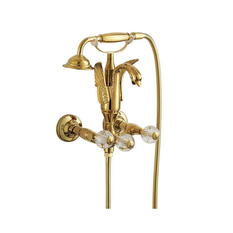 Golden simple shower set brass household bathroom bathtub shower faucet rain swan hand shower