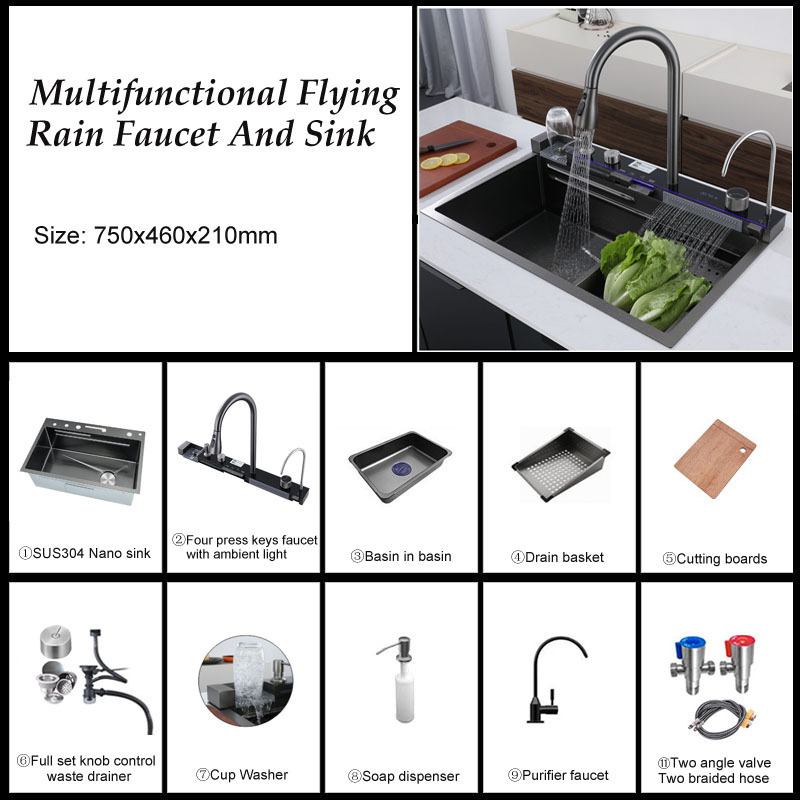 Kitchen Sinks Stainless Steel Black Nano Handmade Flying Rain Sink With Faucet