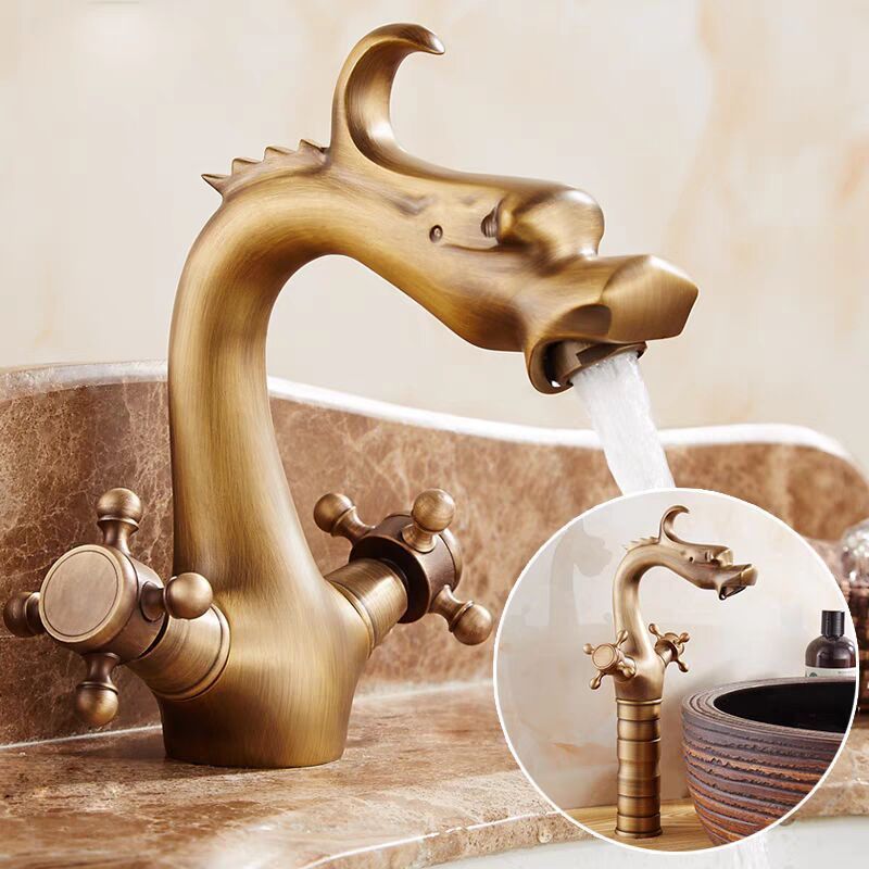 European Faucet Wholesalers China Basin Mixer Taps Antique Brass Dragon Shaped Double Handle Bathroom Basin Faucet