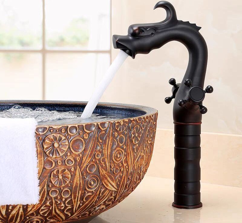 European Faucet Wholesalers China Basin Mixer Taps Antique Brass Dragon Shaped Double Handle Bathroom Basin Faucet