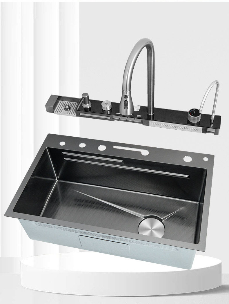 Kitchen Sinks Stainless Steel Black Nano Handmade Flying Rain Sink With Faucet