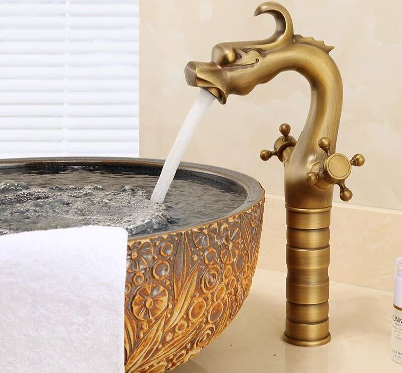 European Faucet Wholesalers China Basin Mixer Taps Antique Brass Dragon Shaped Double Handle Bathroom Basin Faucet