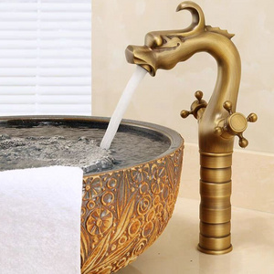 European Faucet Wholesalers China Basin Mixer Taps Antique Brass Dragon Shaped Double Handle Bathroom Basin Faucet