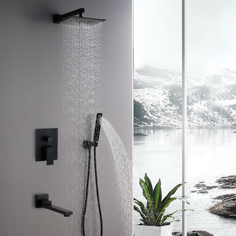 3 Way Hotel Black Big Rain Fall and Waterfall Shower Faucet Set Bath Tap High Pressure Square Colonne De Douche for Bathroom