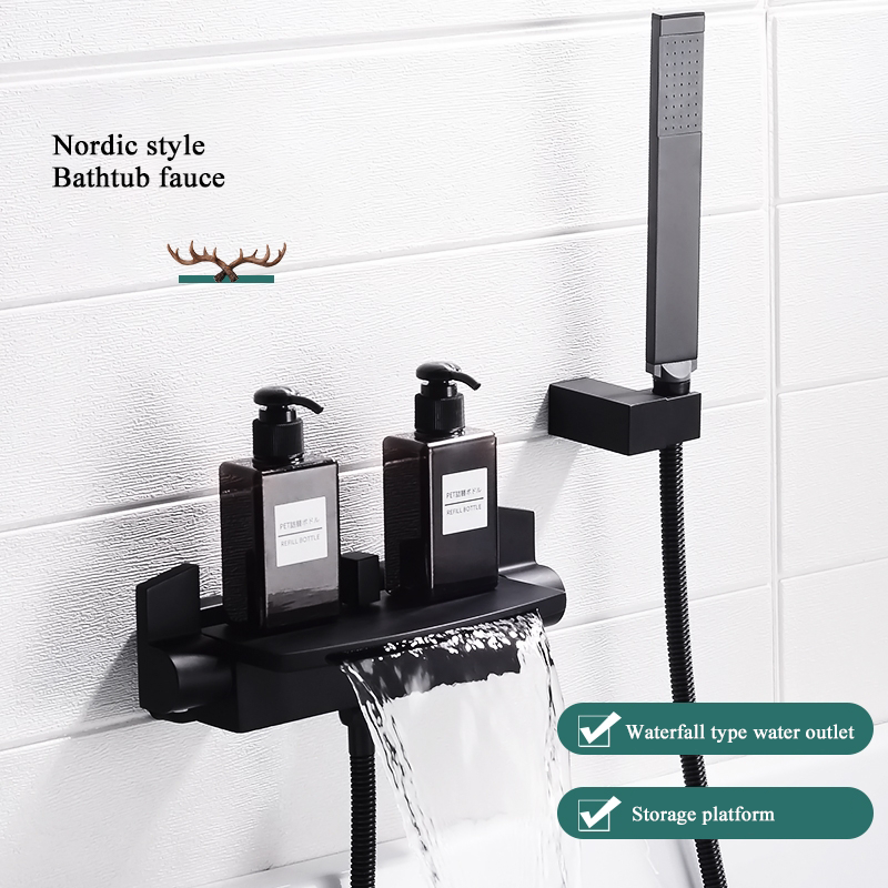 Bathroom Wall Mount Black Set Tap Mixer Bathtub Shower Bath Waterfall Tub Faucet