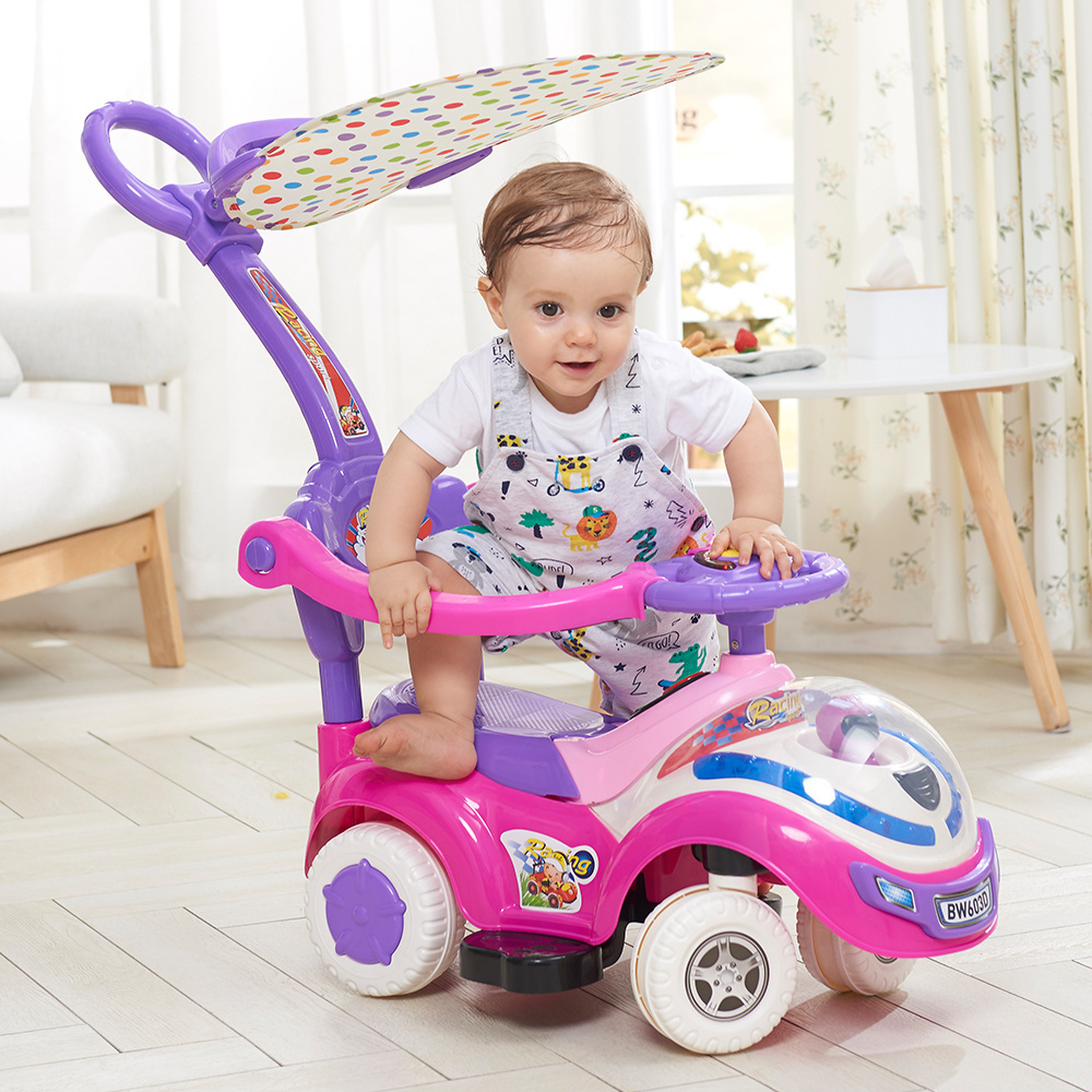 Car shaped baby stroller LED light flash musical pink ride on toddler push car