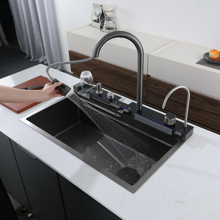 Hydroelectric LED Nano SUS304 Sink Bowl Stainless Steel Fregadero De Cocina Multifuncional Waterfall Smart Faucet Kitchen Sinks