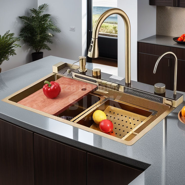 Gold Handmade Sink with Filtered Water Faucet Rotate Tap pia de cozinha Multi Function Hydropower LED Display Kitchen Sink