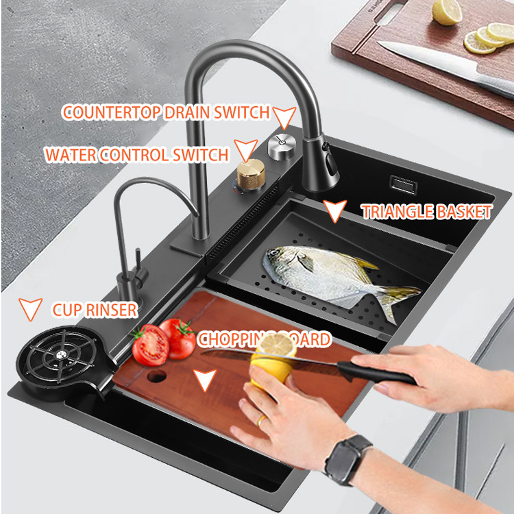 Smart Flyrain Water Outlet Countertop Control Drainage Handmade Stainless Steel Kitchen Sink Accessories Drain Kit