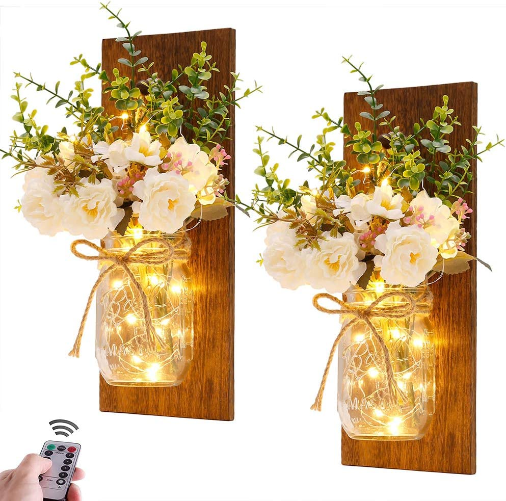 Chunlei OEM jarron Set of 2 Wall Decor Rustic Wall LED Fairy Lights and Flowers  vases  Farmhouse Home Decor