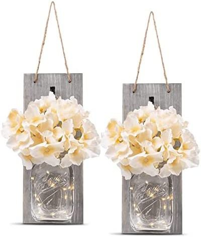 Chunlei OEM jarron Set of 2 Wall Decor Rustic Wall LED Fairy Lights and Flowers  vases  Farmhouse Home Decor