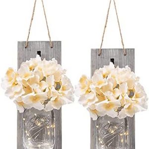 Chunlei OEM jarron Set of 2 Wall Decor Rustic Wall LED Fairy Lights and Flowers  vases  Farmhouse Home Decor