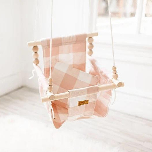 toddler swing nursery decor High back Pink buffalo plaid baby swing Wooden Baby Swing