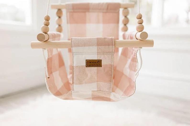 toddler swing nursery decor High back Pink buffalo plaid baby swing Wooden Baby Swing