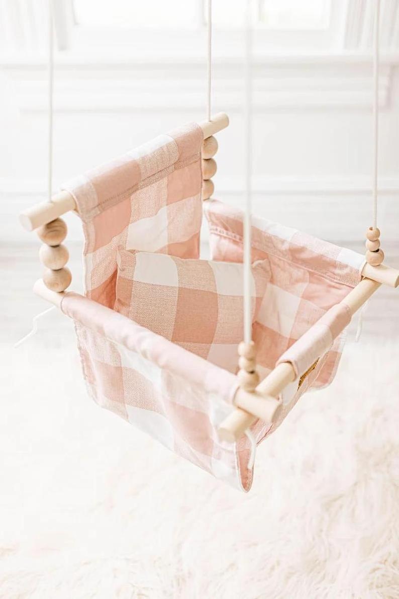 toddler swing nursery decor High back Pink buffalo plaid baby swing Wooden Baby Swing