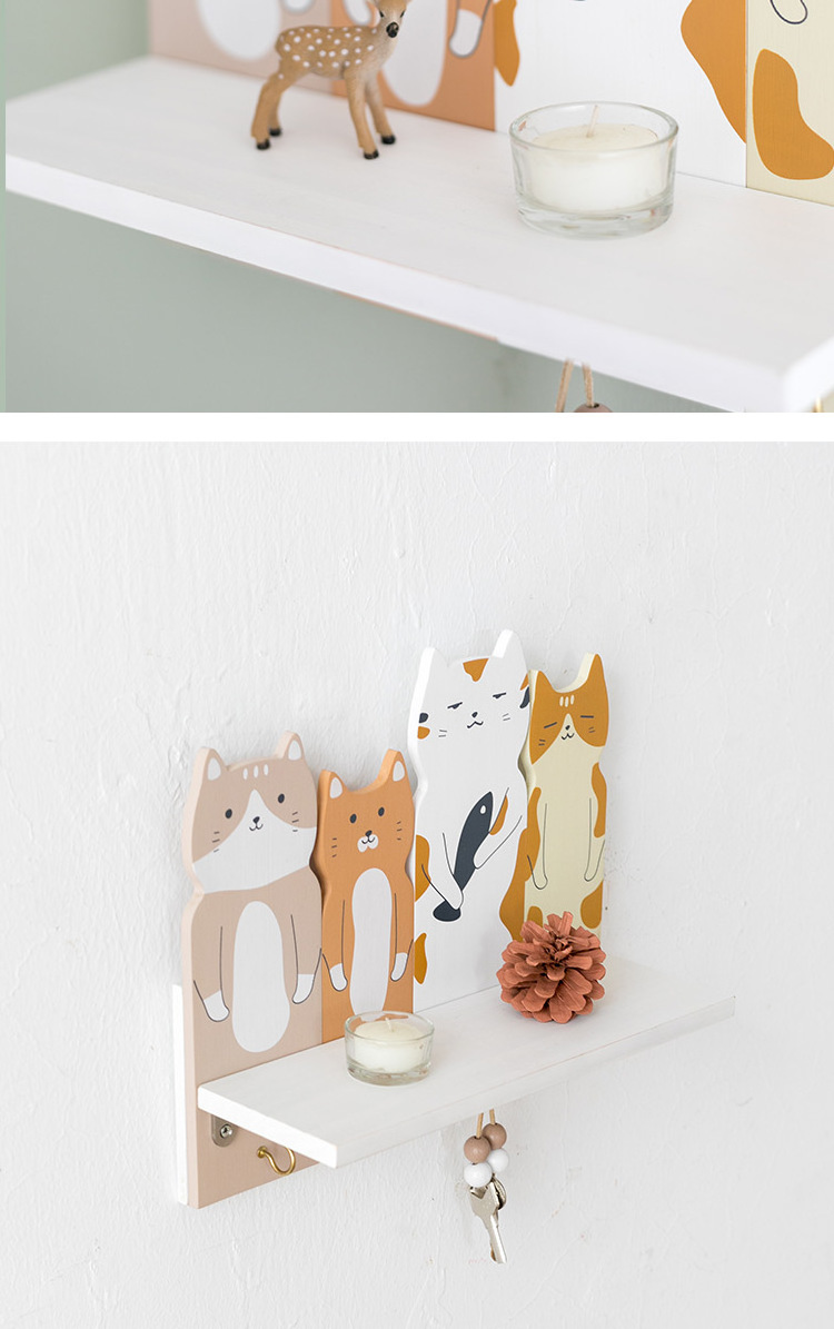 cute cat Wall Shelf Wall Mount Coat Rack wood  Key Hooks