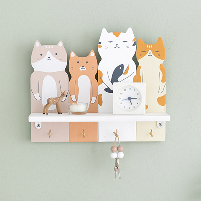 cute cat Wall Shelf Wall Mount Coat Rack wood  Key Hooks