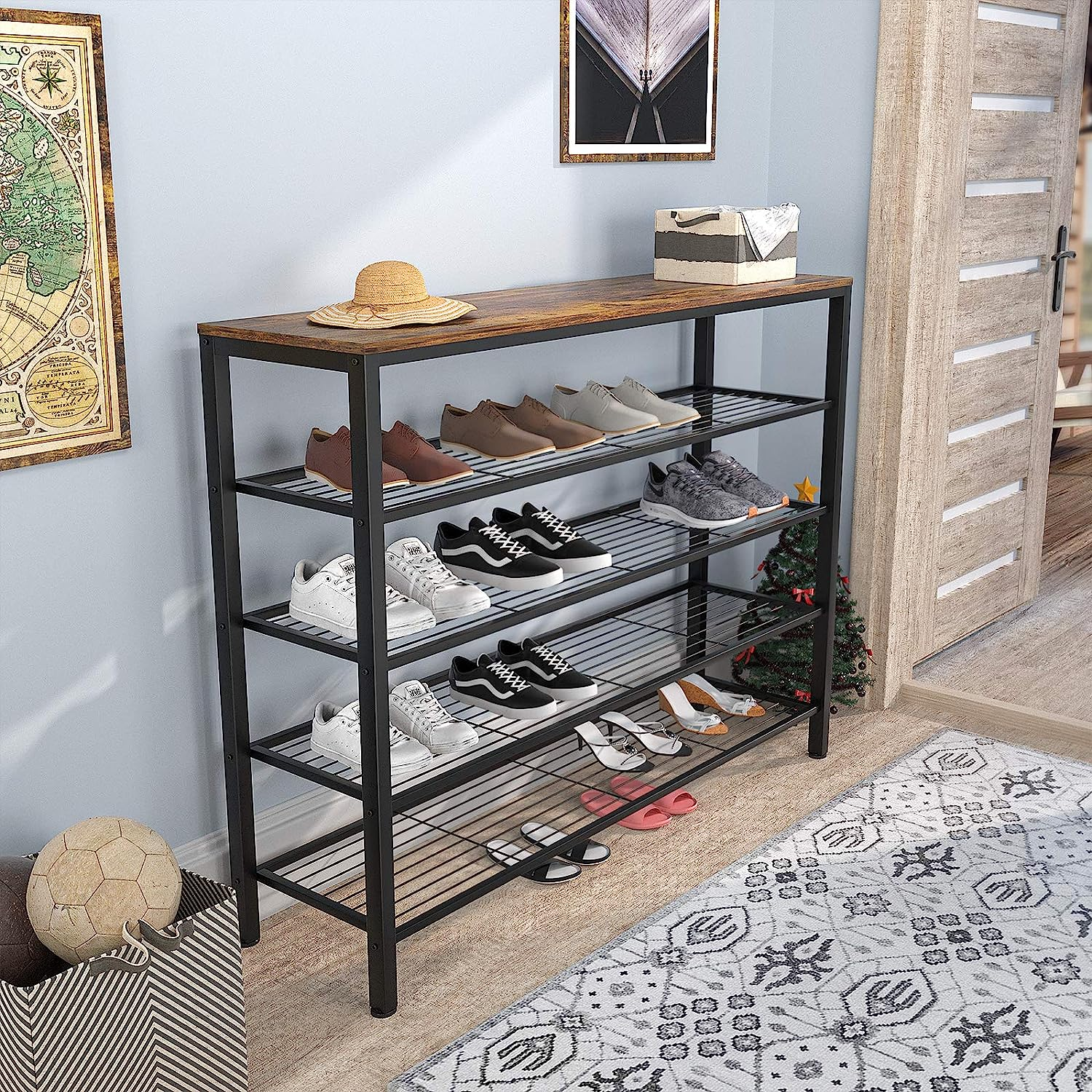 Industrial Shoe Storage Organizer Large 5-Tier Metal Shoe Rack Shelves with Wood Board Shoe Rack