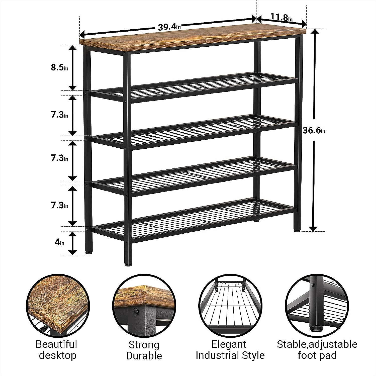 Industrial Shoe Storage Organizer Large 5-Tier Metal Shoe Rack Shelves with Wood Board Shoe Rack