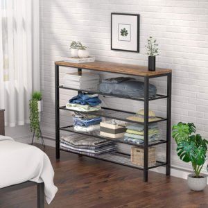 Industrial Shoe Storage Organizer Large 5-Tier Metal Shoe Rack Shelves with Wood Board Shoe Rack