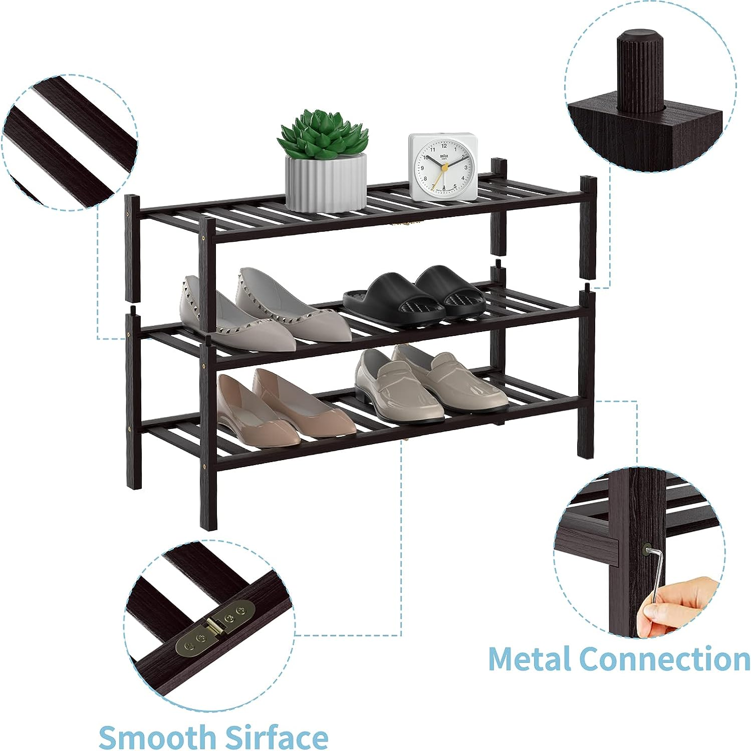 3-Tier Natural Shoe Rack Stackable Storage Shelf with Multi-Function Combinations  Free Standing Shoe Racks