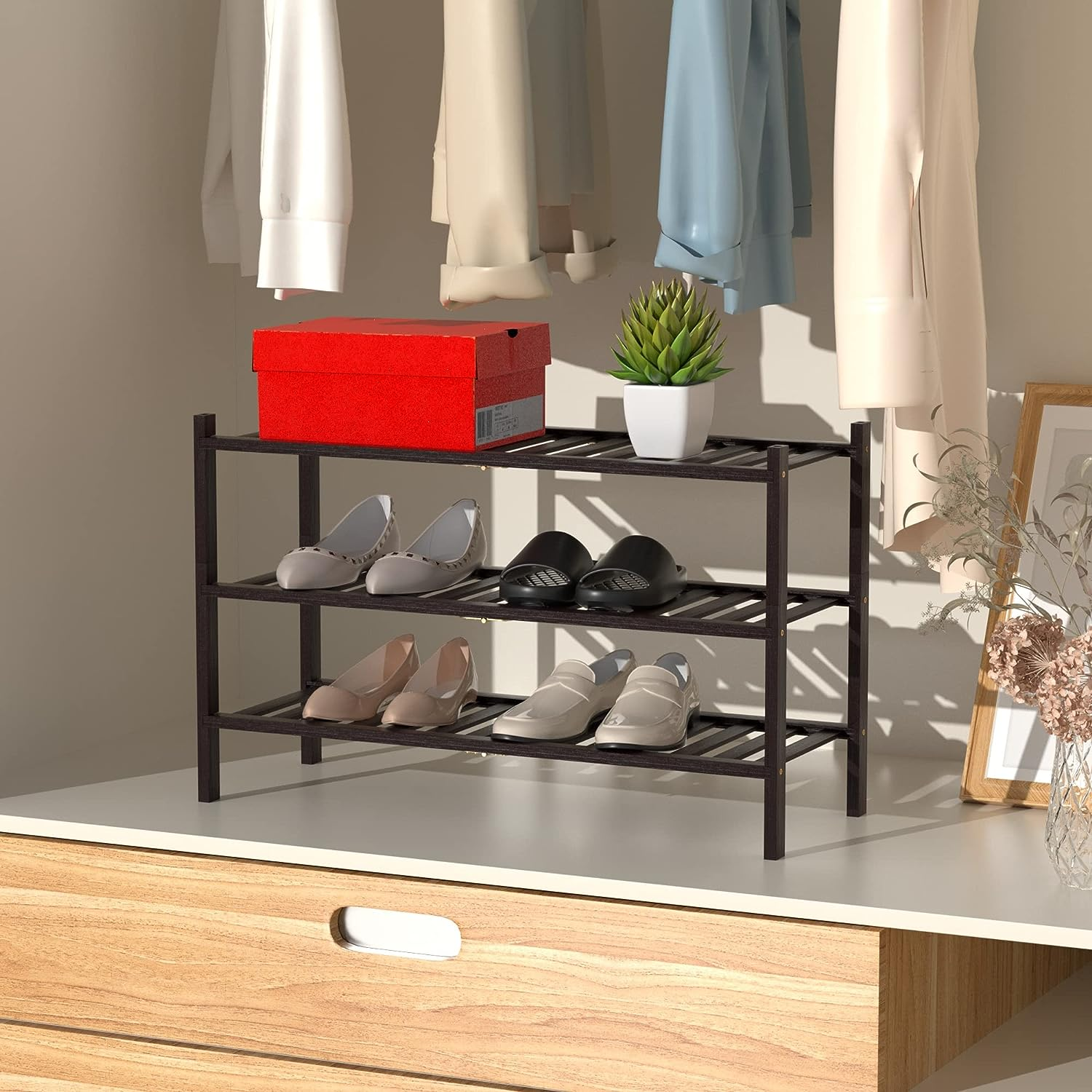 3-Tier Natural Shoe Rack Stackable Storage Shelf with Multi-Function Combinations  Free Standing Shoe Racks