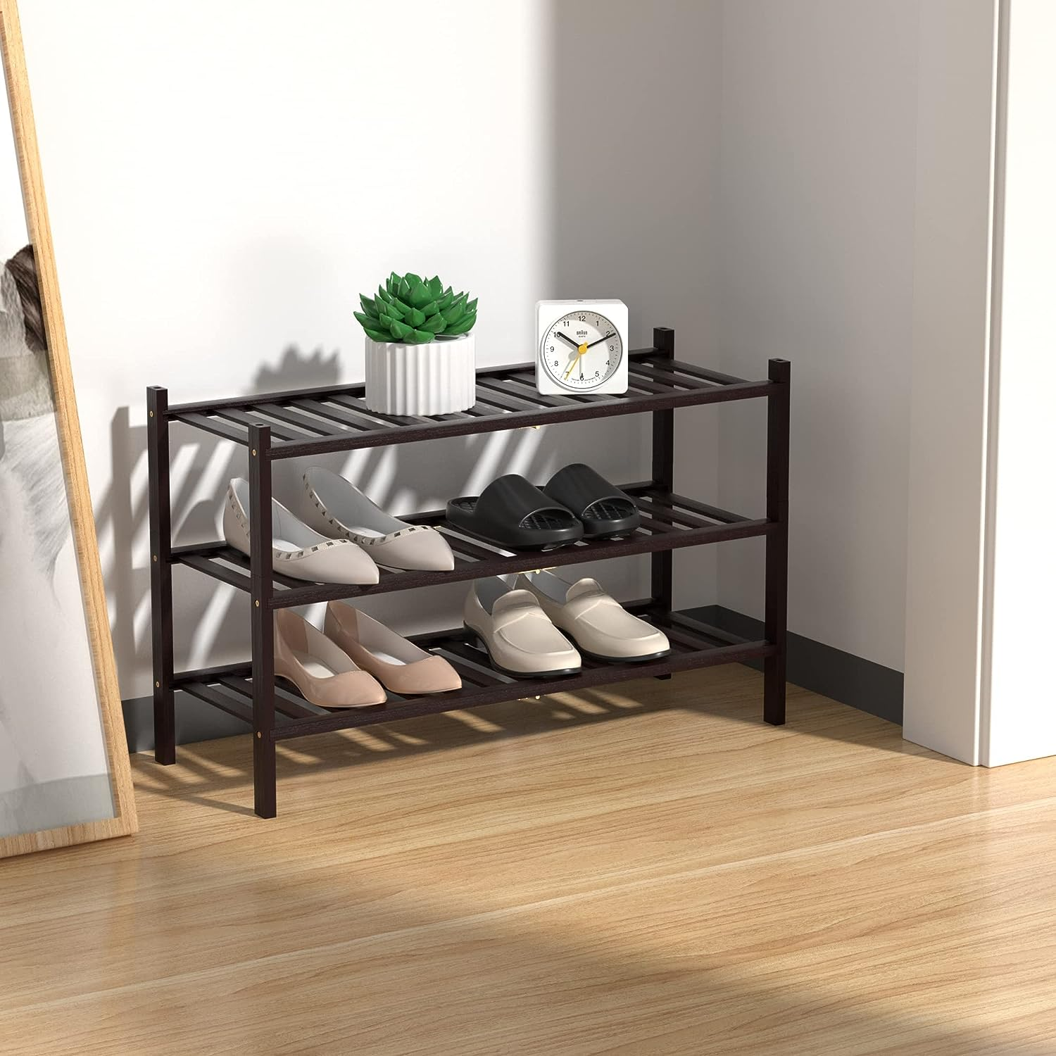 3-Tier Natural Shoe Rack Stackable Storage Shelf with Multi-Function Combinations  Free Standing Shoe Racks