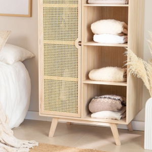 several shelves boho style wood storage rattan cabinet unit with natural rattan door