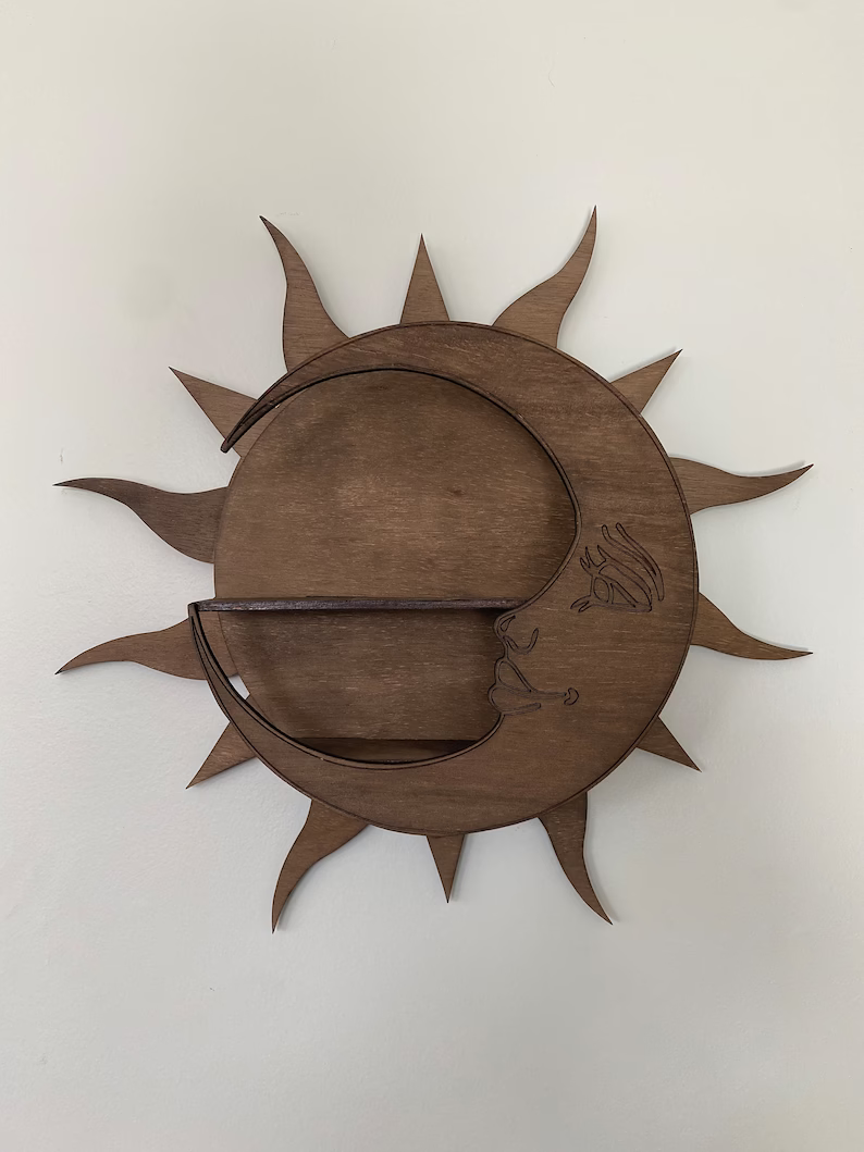 Hippy Decor Sun Moon wood  Celestial Shelf for Crystal Display