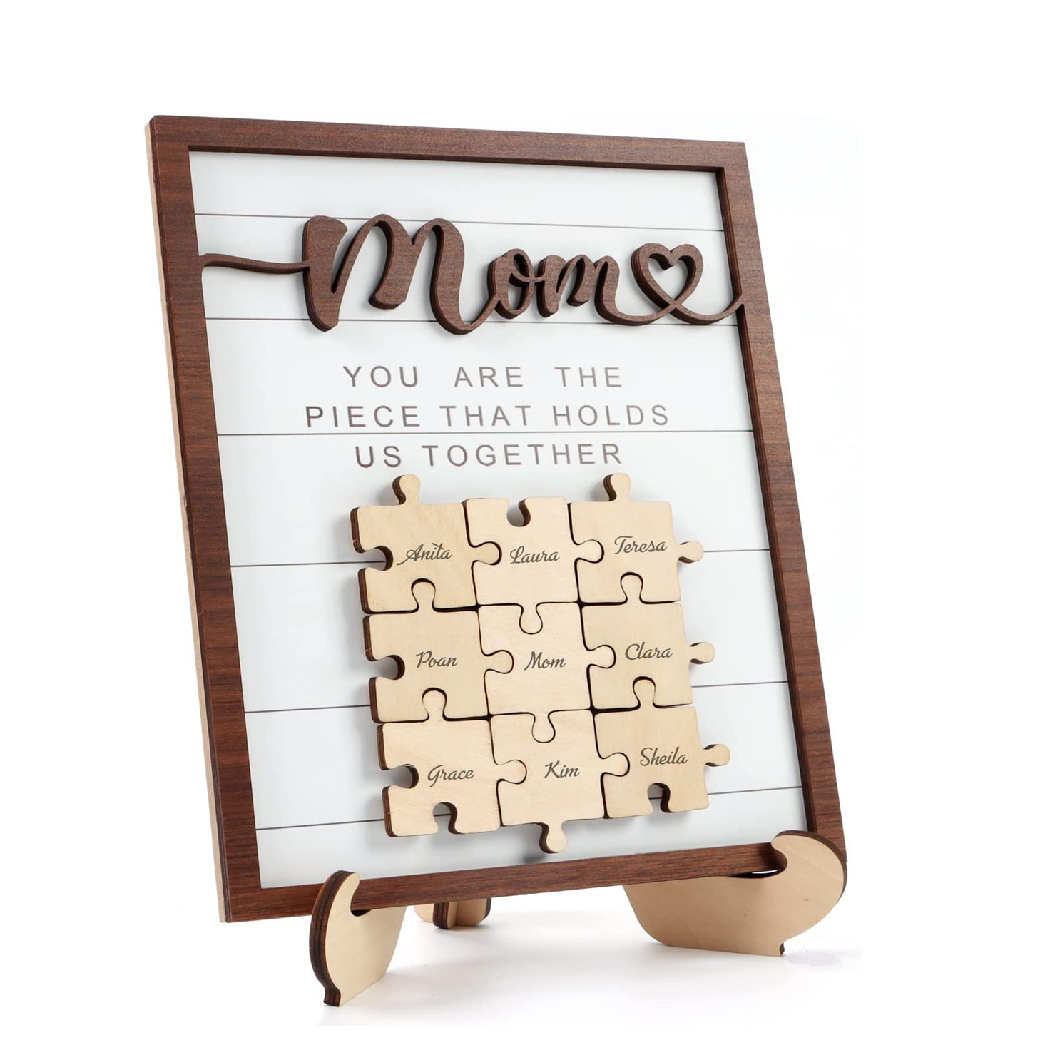 chunlei OEM cadre suspendu en bois Mother and child's name puzzle piece Mother's Day gift village