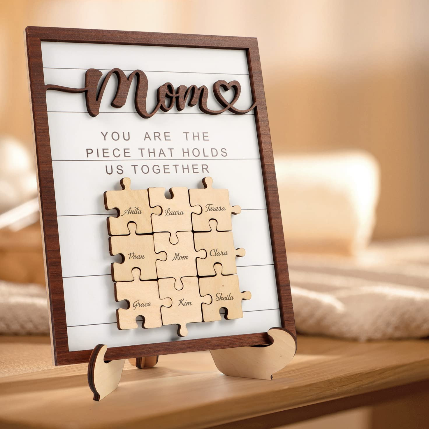 chunlei OEM cadre suspendu en bois Mother and child's name puzzle piece Mother's Day gift village