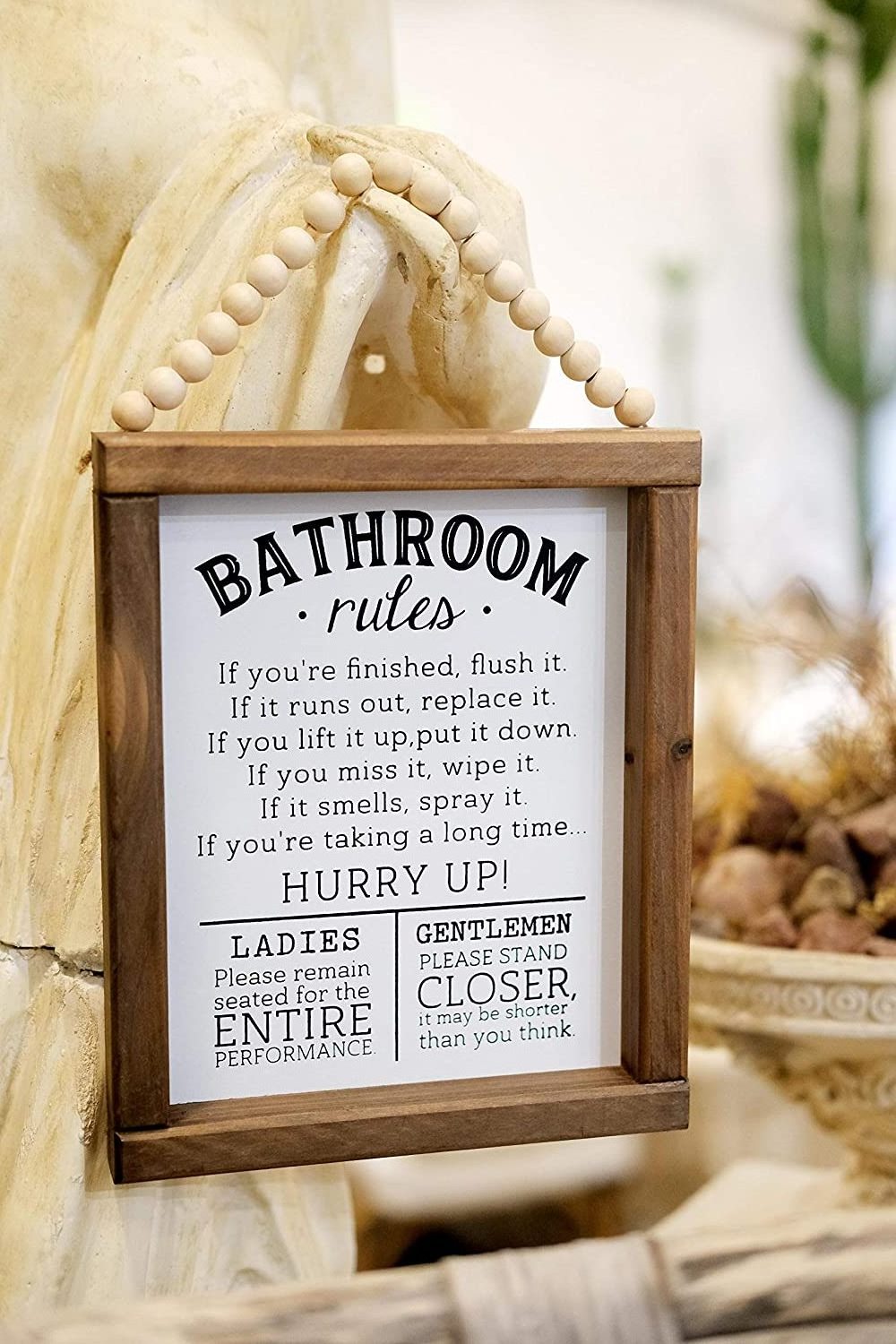 Farmhouse Half  Funny Toilet Bathroom Rules Wood Wall Sign With Beaded Hanger