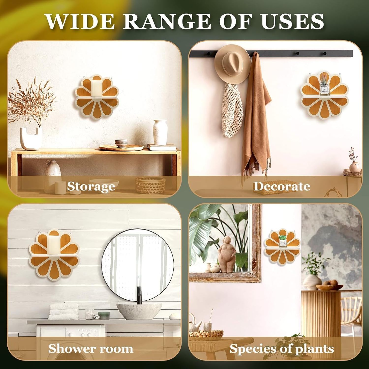 Chunlei OEM Wooden Flower Wall Shelves Bohemian Candle Holders Hanging Shelf Wall Mount Book Shelf for Living Room Bathroom