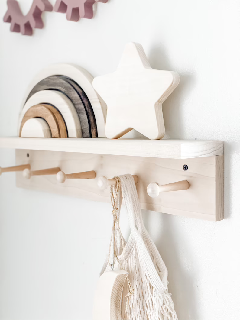 nursery wall decor  playroom shelf  peg wood entryway shelf with hooks