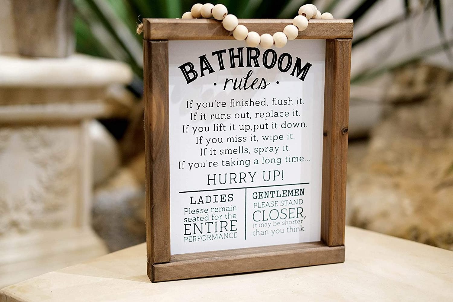 Farmhouse Half  Funny Toilet Bathroom Rules Wood Wall Sign With Beaded Hanger