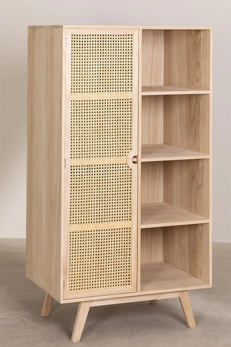 several shelves boho style wood storage rattan cabinet unit with natural rattan door