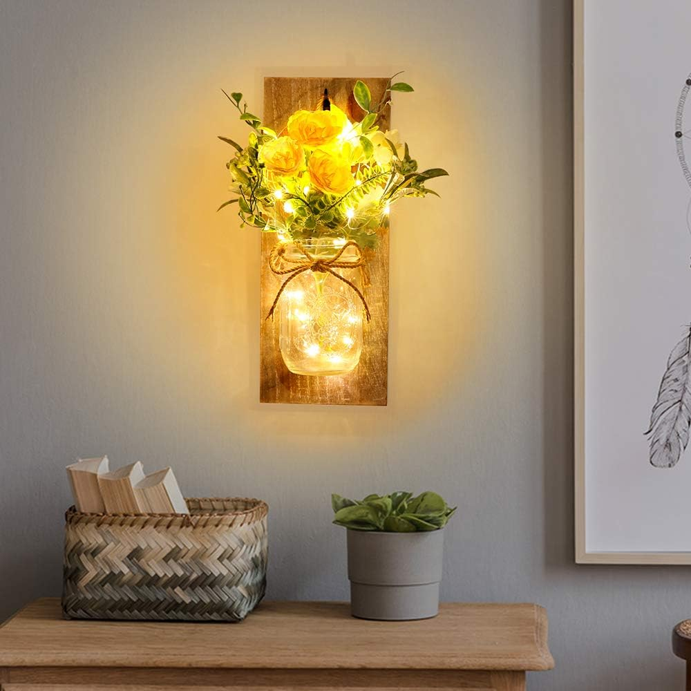 Chunlei OEM jarron Set of 2 Wall Decor Rustic Wall LED Fairy Lights and Flowers  vases  Farmhouse Home Decor