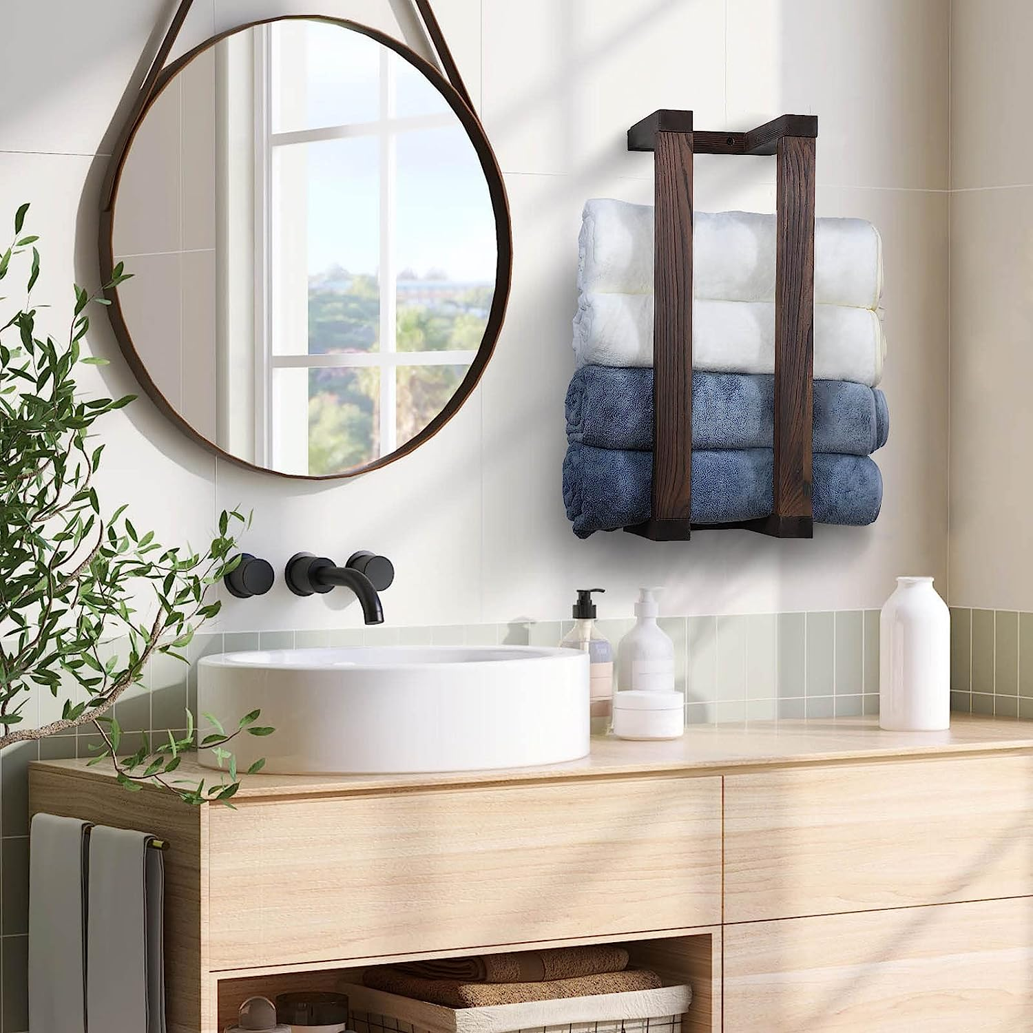 Mounted Towel Holder with Installation Tool Wooden Towel Rack for Bathroom Decorative Pine Rolled Towel Shelf