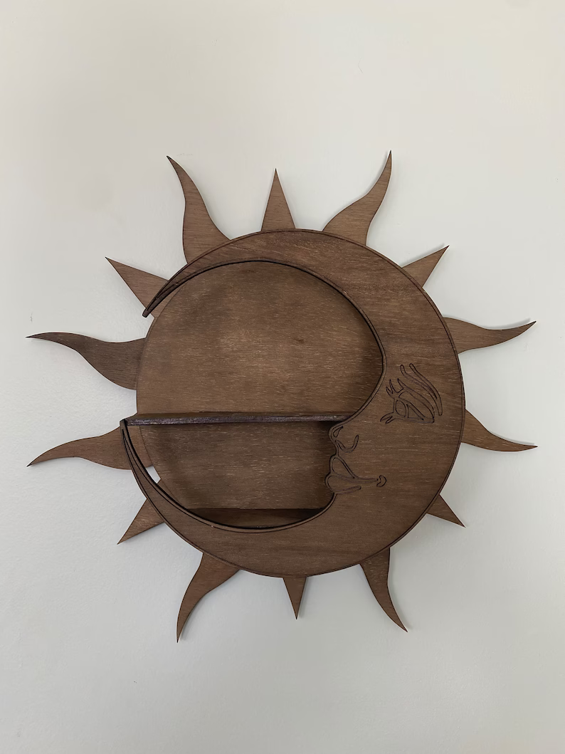 Hippy Decor Sun Moon wood  Celestial Shelf for Crystal Display