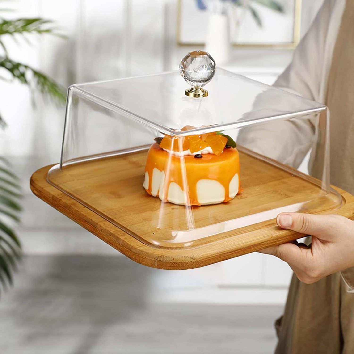 Acrylic Dome Cover Square Cake Display Plate Bread Serving Platter Dessert Storage Tray for Wedding Party Supplies