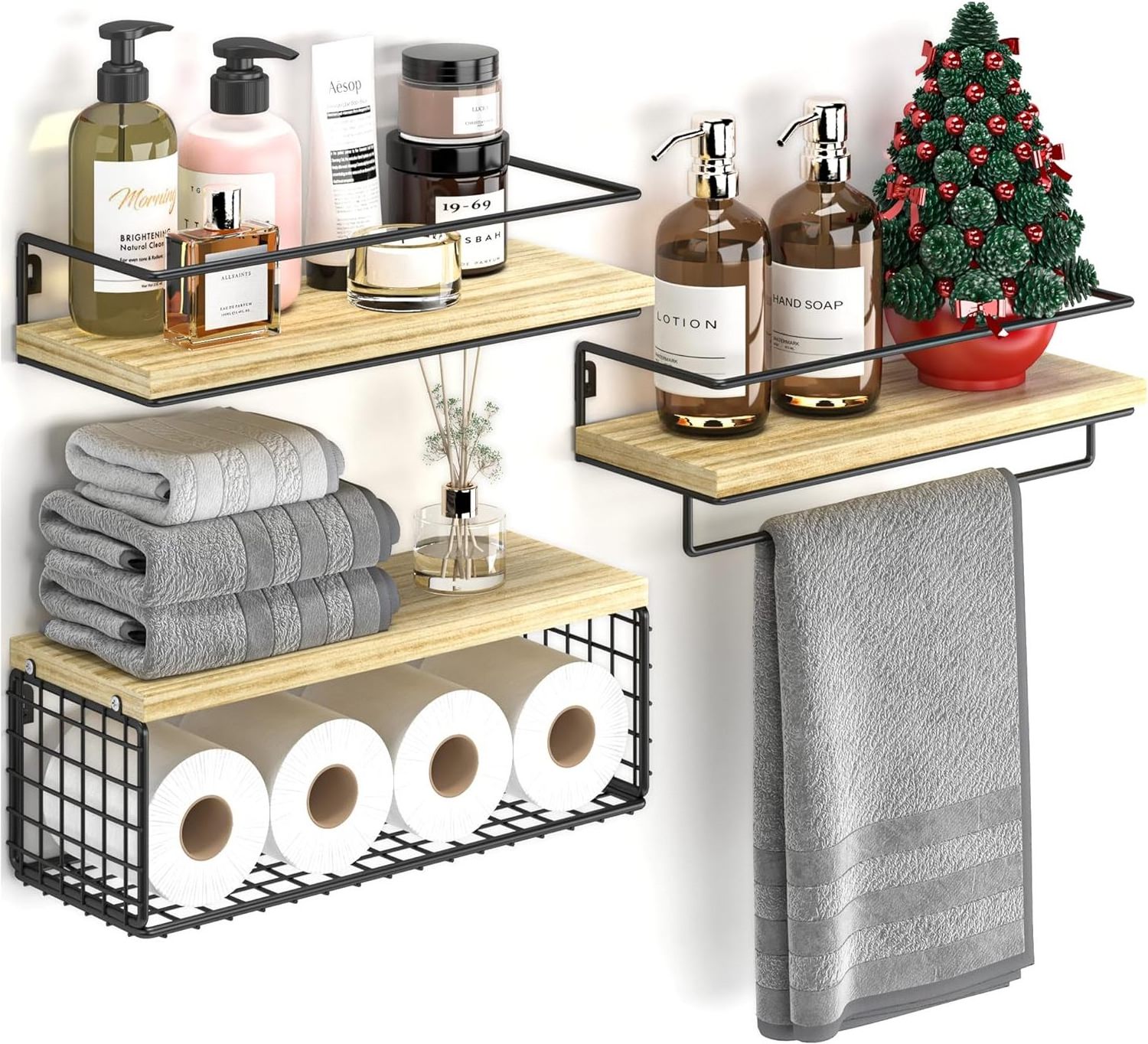 3+1 Bathroom Shelves Over Toilet with Wire Storage Basket, Bathroom Wall Shelves with Towel Bar