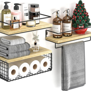 3+1 Bathroom Shelves Over Toilet with Wire Storage Basket, Bathroom Wall Shelves with Towel Bar