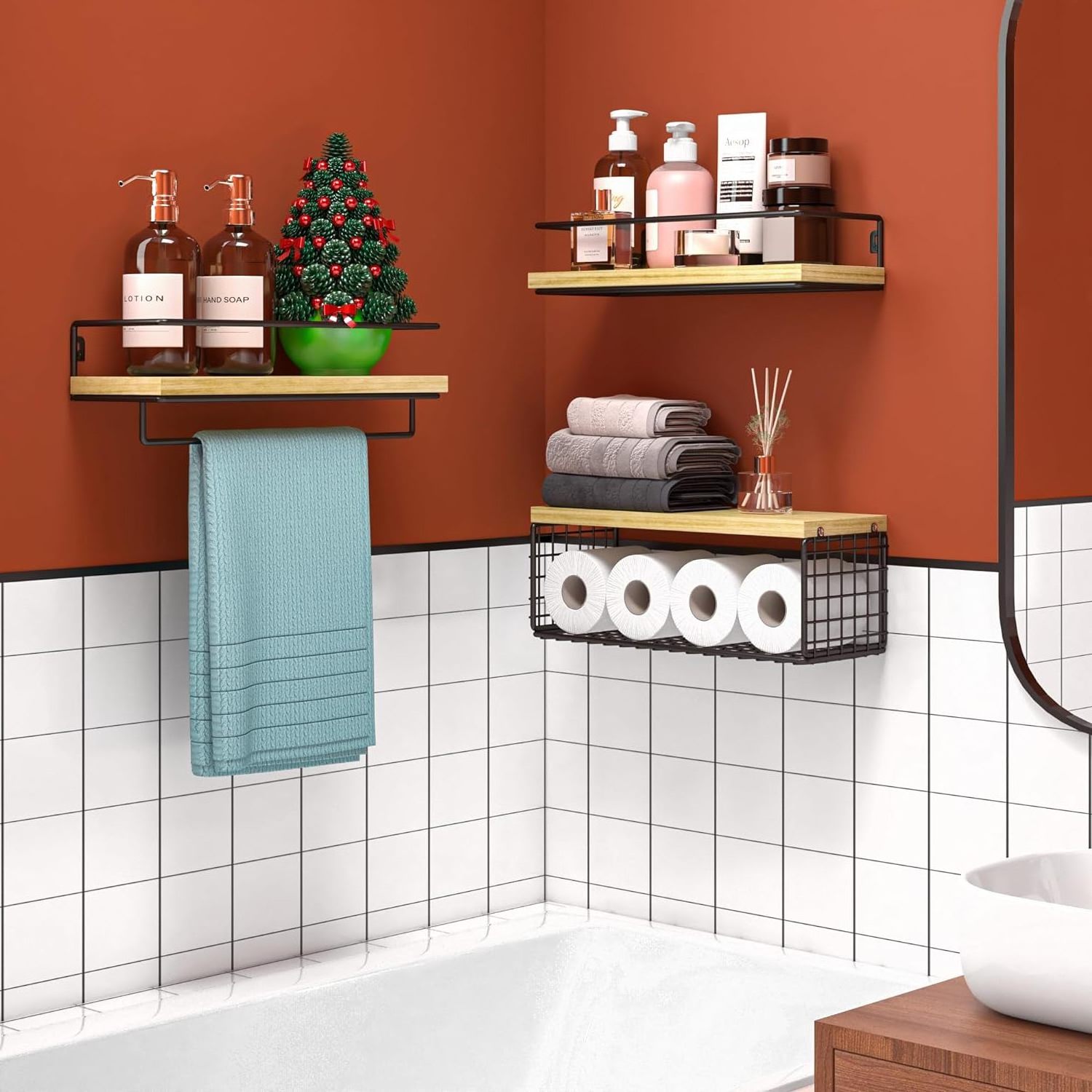 3+1 Bathroom Shelves Over Toilet with Wire Storage Basket, Bathroom Wall Shelves with Towel Bar