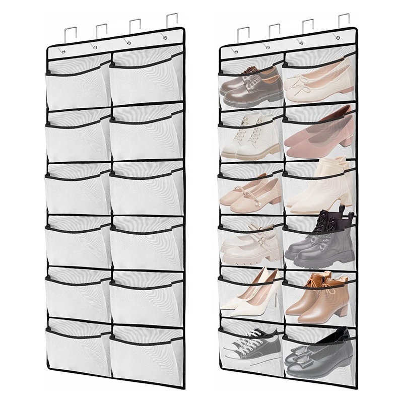 Non-woven Hanging Storage Organizer Over the Door with 24 Mesh Pockets 8 Hooks Shoe Racks for Kitchen Bedroom Bathroom Closet