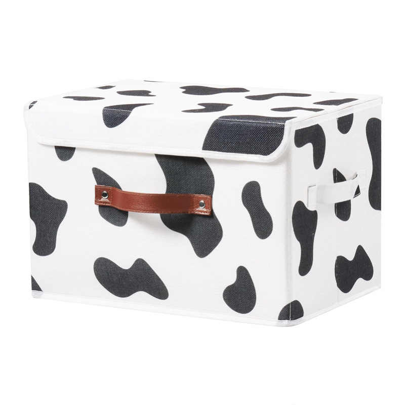 Foldable Washable Lidded Cotton Linen Closet Shelf Organizer Container Storage Bin with Lid Cow Print